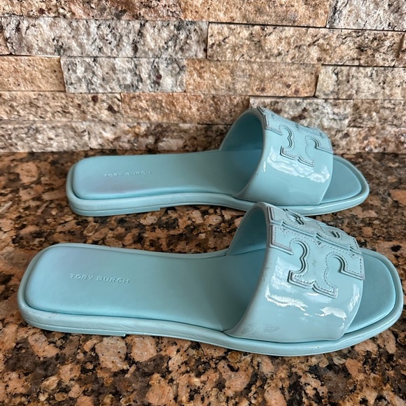 Tory Burch Double T Sport Slide Patent Leather Misty Aqua - Picture 2 of 9